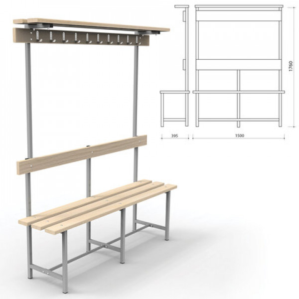Скамья с вешалкой, спинкой и полкой "СВТ 8", 1760х1500х395 мм, 10 крючков, каркас металлический серый, сиденье дерево Скамья с вешалкой, спинкой и полкой "СВТ 8", 1760х1500х395 мм, 10 крючков, каркас металлический серый, сиденье дерево