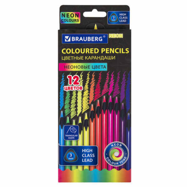 Карандаши цветные BRAUBERG NEON, 12 неоновых цветов, черное дерево, трёхгранные, 181852 Карандаши цветные BRAUBERG NEON, 12 неоновых цветов, черное дерево, трёхгранные, 181852