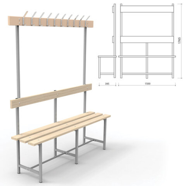 Скамья с вешалкой, спинкой "СВТ 5", 1765х1500х395 мм, 10 крючков, каркас металлический серый, сиденье дерево Скамья с вешалкой, спинкой "СВТ 5", 1765х1500х395 мм, 10 крючков, каркас металлический серый, сиденье дерево