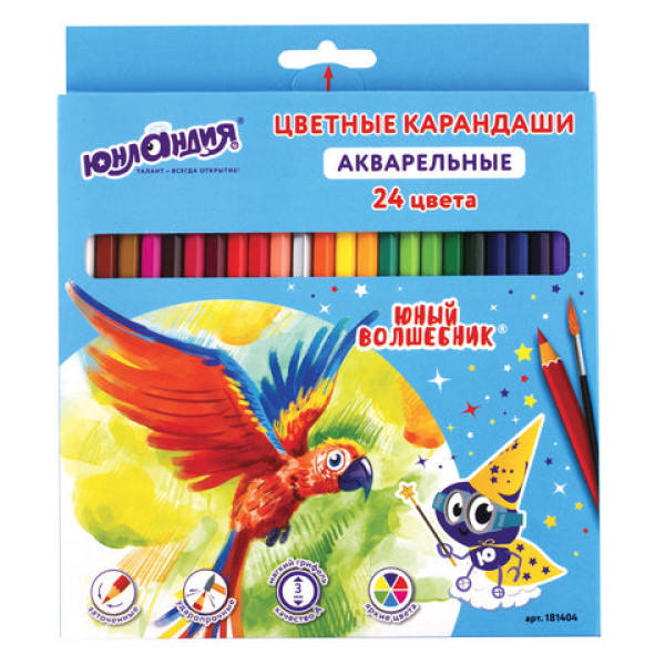 Карандаши цветные акварельные ЮНЛАНДИЯ "ЮНЫЙ ВОЛШЕБНИК", 24 цвета, шестигранные, заточенные, 181404 Карандаши цветные акварельные ЮНЛАНДИЯ "ЮНЫЙ ВОЛШЕБНИК", 24 цвета, шестигранные, заточенные, 181404