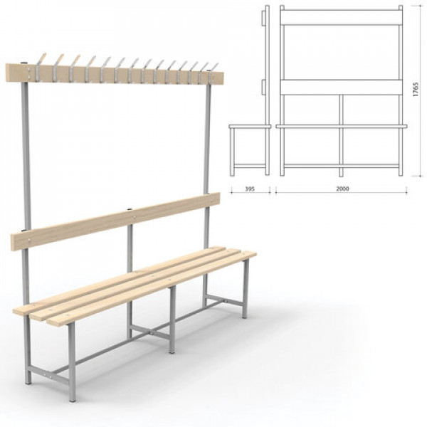 Скамья с вешалкой, спинкой "СВТ 6", 1765х2000х395 мм, 14 крючков, каркас металлический серый, сиденье дерево Скамья с вешалкой, спинкой "СВТ 6", 1765х2000х395 мм, 14 крючков, каркас металлический серый, сиденье дерево
